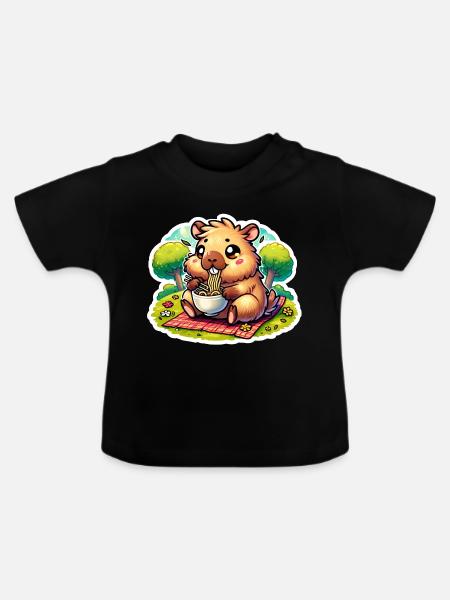 Capybara Ramen Kawaii Anime - Baby Bio-T-Shirt mit Rundhals - Schwarz
