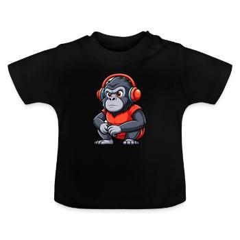 Gorilla Funny Cartoon Character Headphone Music - Baby Organic T-Shirt with Round Neck - black - Front