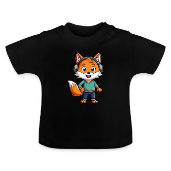 Fuchs Lustige Zeichentrickfigur Kopfhörer Musik - Baby Bio-T-Shirt mit Rundhals - Schwarz - Vorne