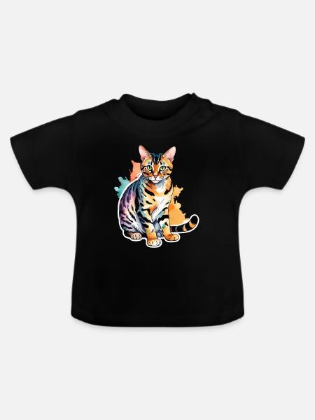 Bengalkatze Wasserfarben - Baby Bio-T-Shirt mit Rundhals - Schwarz