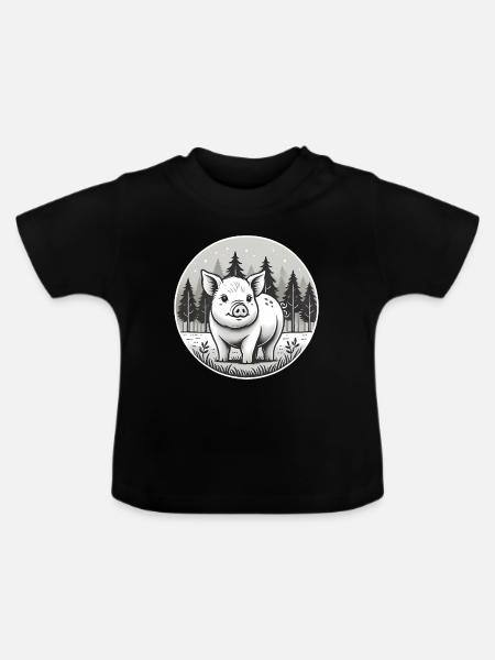 Rustikale Schwein-Illustration im Wald - Baby Bio-T-Shirt mit Rundhals - Schwarz