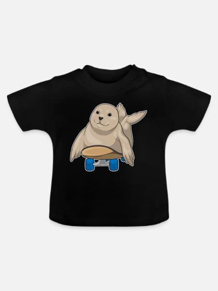 Seehund Skater Skateboard - Baby Bio-T-Shirt mit Rundhals - Schwarz