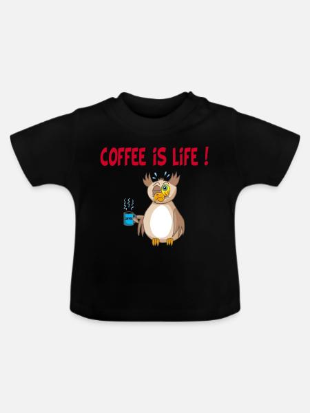 Eule und Kaffee (Englisch) - Baby Bio-T-Shirt mit Rundhals - Schwarz