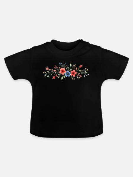 Aquarell Blumengemälde Kunstdruck - Baby Bio-T-Shirt mit Rundhals - Schwarz