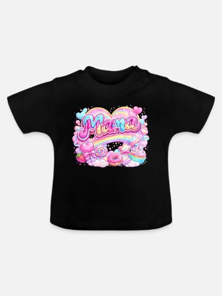 Mama Candy und Regenbogen | Mama-Geschenk - Baby Bio-T-Shirt mit Rundhals - Schwarz