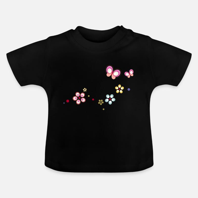 bunte Blümchen mit Schmetterlingen - Baby Bio-T-Shirt mit Rundhals - Schwarz