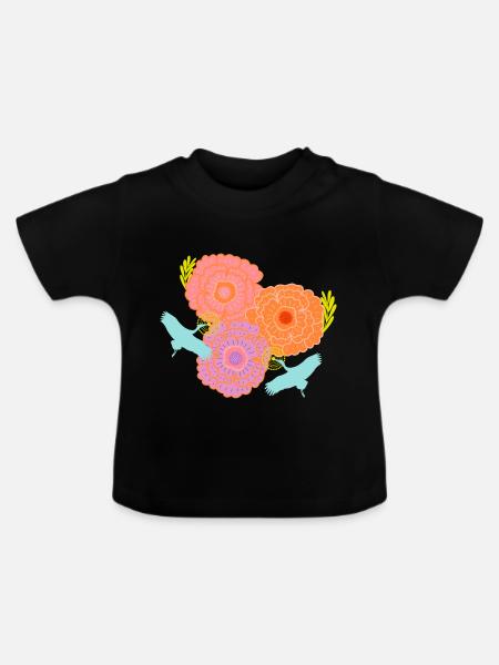 Pfingstrose und Kräne - Baby Bio-T-Shirt mit Rundhals - Schwarz