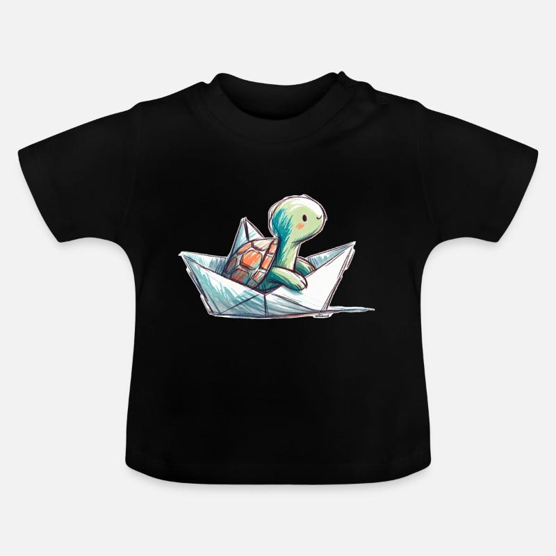 Tortue dans un bateau en papier - T-shirt bio col rond Bébé - noir