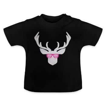 Hirsch mit pinker Brille in silber Farbener Textur - Baby Bio-T-Shirt mit Rundhals - Schwarz - Vorne