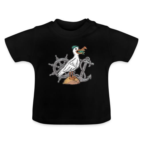 Möwe mit Fischbrötchen im Maul Anker und Steuerrad - Baby Bio-T-Shirt mit Rundhals
