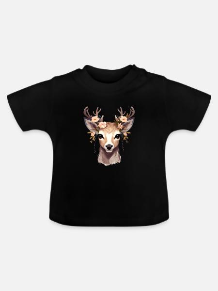 Reh Hirsch mit Blumen im Geweih - Baby Bio-T-Shirt mit Rundhals - Schwarz
