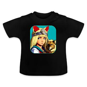 Cooles Anime Manga Girl mit Löwe - Baby Bio-T-Shirt mit Rundhals - Schwarz - Vorne