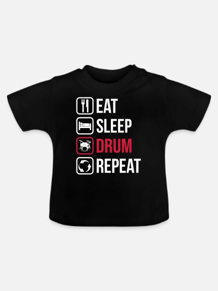 Eat Sleep Drum Repeat - Økologisk T-shirt til baby, rund hals - sort