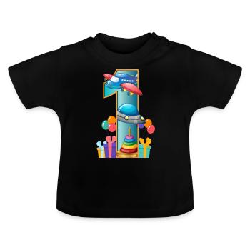Enfants 1er anniversaire avion cadeau d'un an - T-shirt bio col rond Bébé - noir - Devant