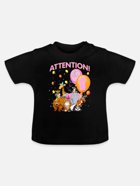 Kinderen 1e verjaardag dieren een jaar cadeau - Baby biologisch T-shirt met ronde hals - zwart