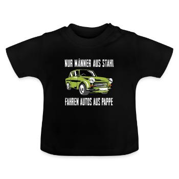 Männer aus Stahl fahren Autos aus Pappe  - Baby Bio-T-Shirt mit Rundhals - Schwarz - Vorne