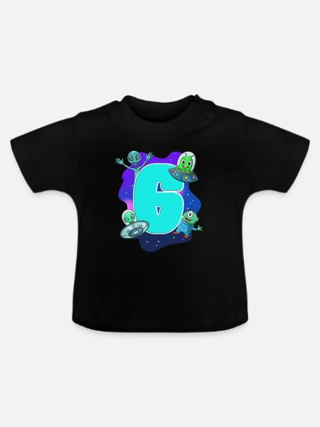 6. Kindergeburtstag - Alien und Ufo - Baby Bio-T-Shirt mit Rundhals - Schwarz