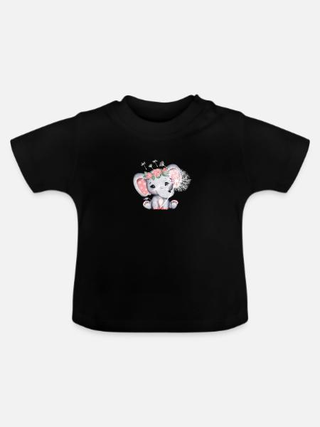 Elefant Mädchen mit Blume - Baby Bio-T-Shirt mit Rundhals - Schwarz