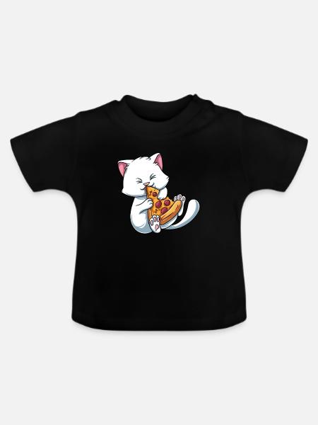 Kätzchen Katze isst Pizza - Baby Bio-T-Shirt mit Rundhals - Schwarz