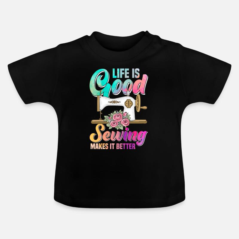 Sewing Machine Thread Spool Fabric Patterns Quilti - Baby Organic T-Shirt with Round Neck - black
