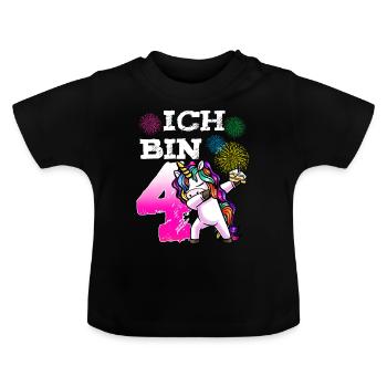 Vierter Geburtstag Mädchen 4 Jahre Einhorn - Baby Bio-T-Shirt mit Rundhals - Schwarz - Vorne