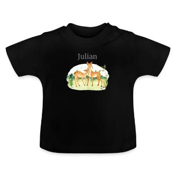 Forest Animal Deer Flowers Name Julian - Baby Organic T-Shirt with Round Neck - black - Front