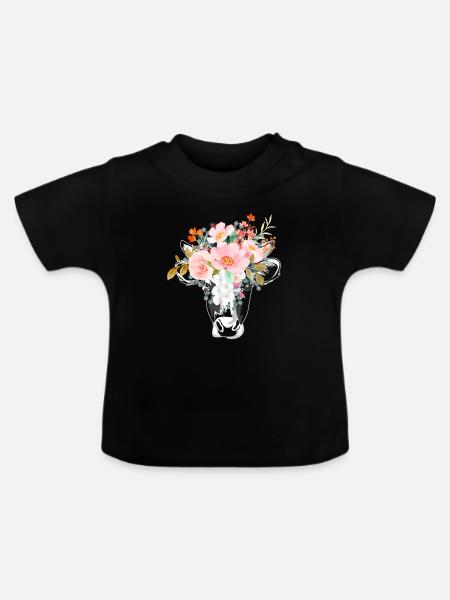 KUHKOPF MIT BLÜTEN - Baby Bio-T-Shirt mit Rundhals - Schwarz