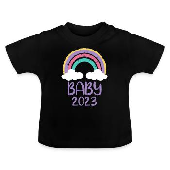 Baby 2023 - Süßer Regenbogen mit Wolken - Baby Bio-T-Shirt mit Rundhals - Schwarz - Vorne