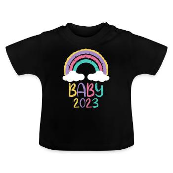 Baby 2023 - Süßer Regenbogen mit Wolken - Baby Bio-T-Shirt mit Rundhals - Schwarz - Vorne