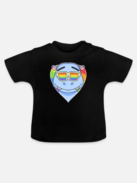 Regenbogen - Nilpferd mit Brille - Baby Bio-T-Shirt mit Rundhals - Schwarz