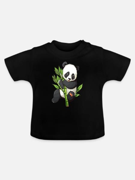 Knuffiger Panda mit Bambuszweig - Baby Bio-T-Shirt mit Rundhals - Schwarz