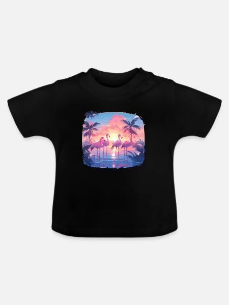 Flamingos Flamingo Party Flamingo Palmen - Baby Bio-T-Shirt mit Rundhals - Schwarz