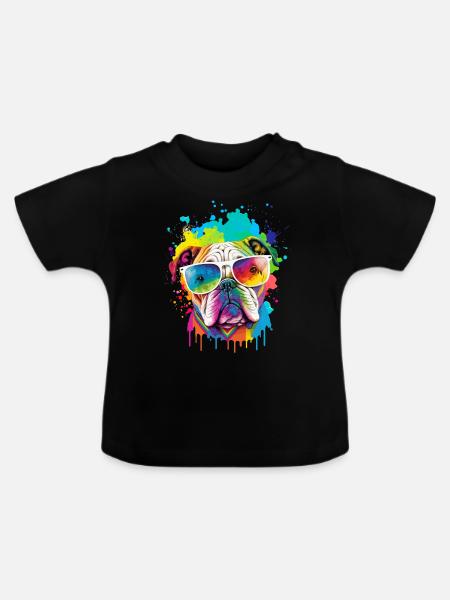 Farbenfroher Bulldoggenkopf - Baby Bio-T-Shirt mit Rundhals - Schwarz
