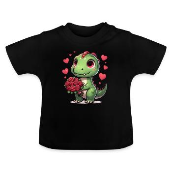 Rosenstrauß T-Rex Romantischer Dino Valentinstag - Baby Bio-T-Shirt mit Rundhals - Schwarz - Vorne
