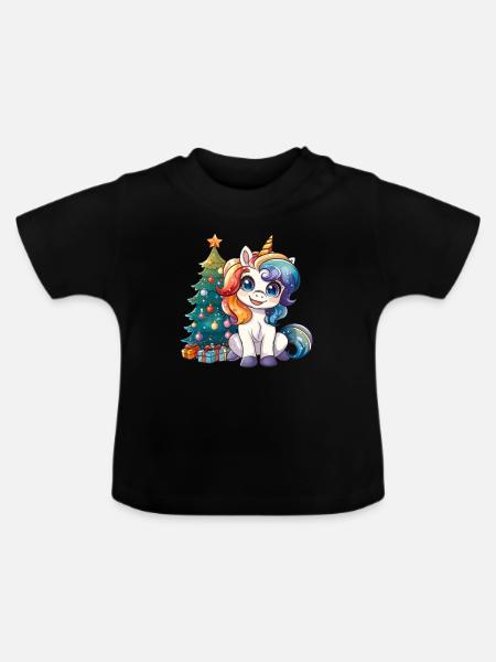 Einhorn Weihnachtsbaum Kawaii - Baby Bio-T-Shirt mit Rundhals - Schwarz