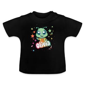 OLIVIA - Beautiful girl name with cute alien - Baby Organic T-Shirt with Round Neck - black - Front