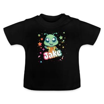 JAKE - Beautiful boy name with cute alien - Baby Organic T-Shirt with Round Neck - black - Front