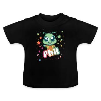 PHIL - Beautiful boy name with cute alien - Baby Organic T-Shirt with Round Neck - black - Front