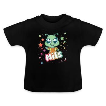 NILS - Beautiful boy name with cute alien - Baby Organic T-Shirt with Round Neck - black - Front