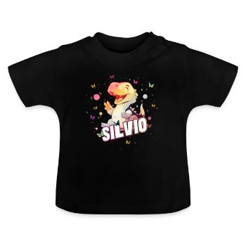 SILVIO - Beautiful boy name with cute DINO T-REX - Baby Organic T-Shirt with Round Neck - black - Front