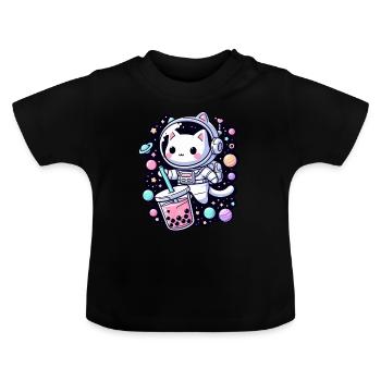 Kawaii Cat Astronaut Bubble Tea in Space - Baby Organic T-Shirt with Round Neck - black - Front