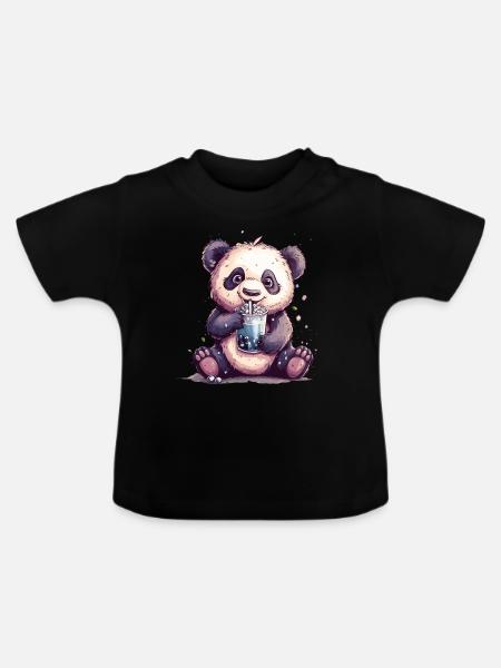 Niedlicher Panda mit Tee - Baby Bio-T-Shirt mit Rundhals - Schwarz