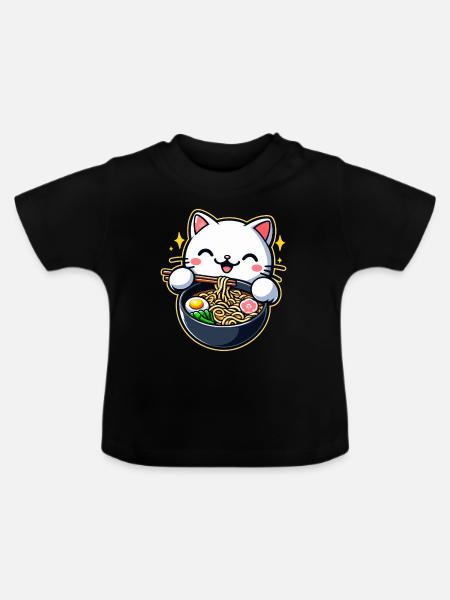 Anime Katze Ramen - Baby Bio-T-Shirt mit Rundhals - Schwarz