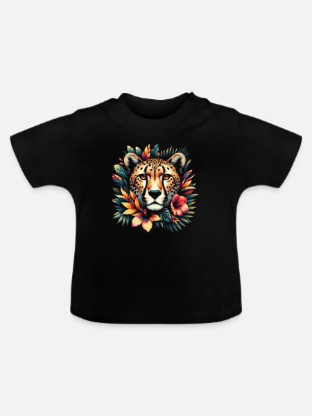Cheetah Gepard Blumen - Baby Bio-T-Shirt mit Rundhals - Schwarz