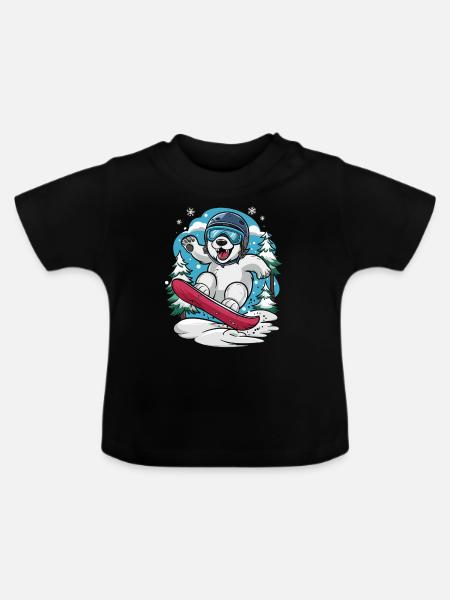 Snowboardender Eisbär Im Winterwald - Baby Bio-T-Shirt mit Rundhals - Schwarz