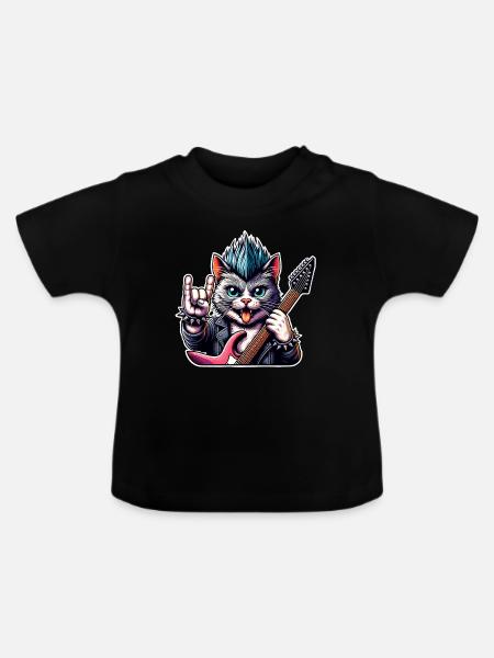 Katze Rock and Roll Gitarrist - Baby Bio-T-Shirt mit Rundhals - Schwarz