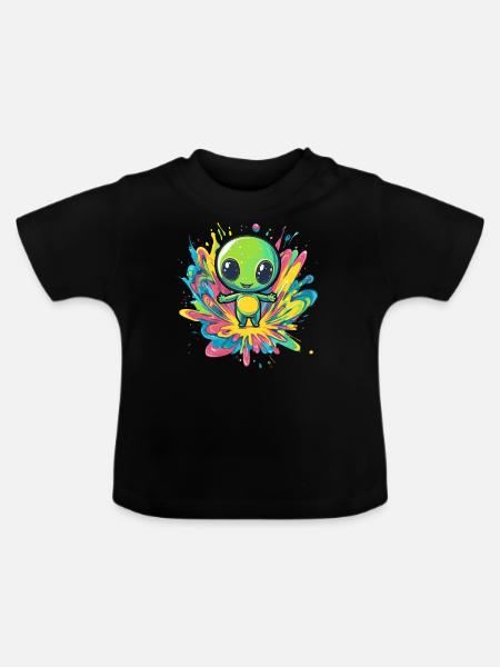 Bunter Alien auf Farbspritzer - Baby Bio-T-Shirt mit Rundhals - Schwarz