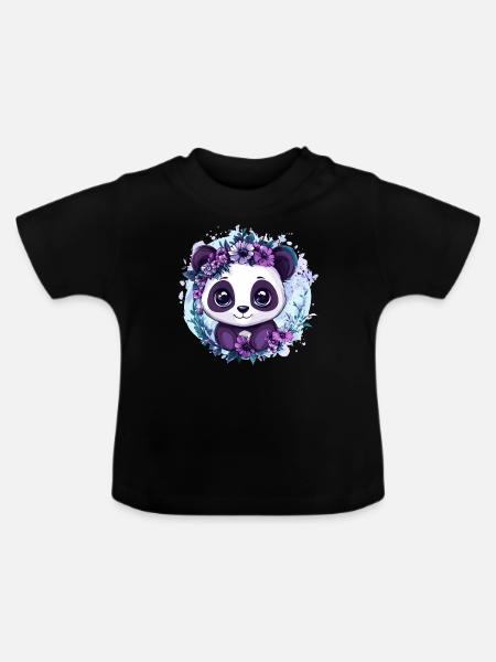 Panda mit Blumenkranz - Baby Bio-T-Shirt mit Rundhals - Schwarz