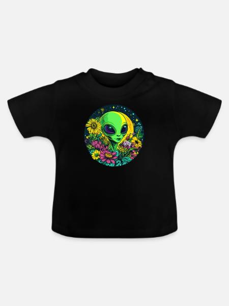 Alien mit Blumenwiese - Baby Bio-T-Shirt mit Rundhals - Schwarz