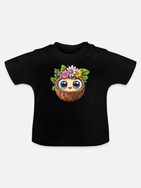 Kokosnuss mit Blumenkrone - Baby Bio-T-Shirt mit Rundhals - Schwarz